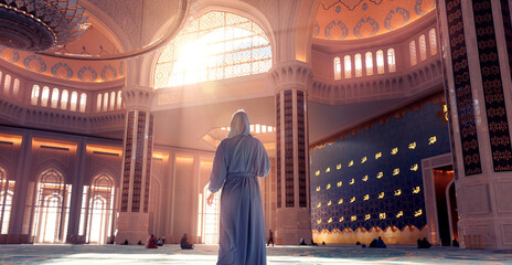 Back view modern woman in traditional blue abaya standing in Grand Mosque with magic sun light....