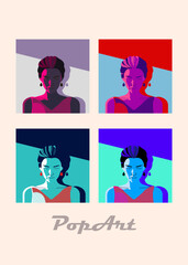Pop art style portrait of beautiful woman, multiple frames, punchy forms and colors that demand attention, evening hard light vector composition