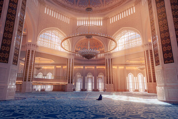 Sun light magic mosque Interior chandelier and ornamental details of Astana Nur-Sultan Kazakhstan