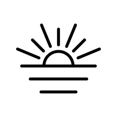 Sunset or dawn icon. Sunrise. Rising or setting sun. Symbol of morning or evening. Isolated raster illustration on white background.