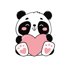 Cute panda smiles and holds a heart in its paws. Vector illustration, funny animal print for Valentines day, in a flat style on a white background.