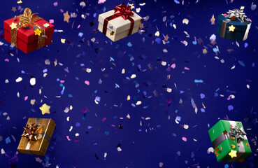 Blue background with gifts and falling confetti
