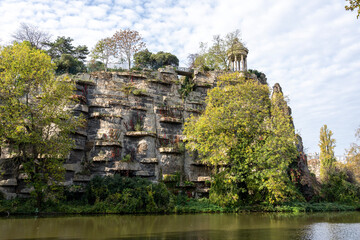 Paris, France - 31 10 2022: Park des Buttes Chaumont. View of the Temple of the Sibyl in the...