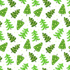 Christmas pattern with cartoon pine trees on white background