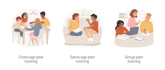 Peer tutoring isolated cartoon vector illustration set. Cross-ager peer tutoring, same-age child homework help, group of students help each other, academic education support vector cartoon.