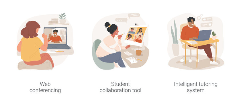 Online tutoring tools isolated cartoon vector illustration set. Web conferencing, student collaboration tool, intelligent tutoring system software, video call live, student chats vector cartoon.