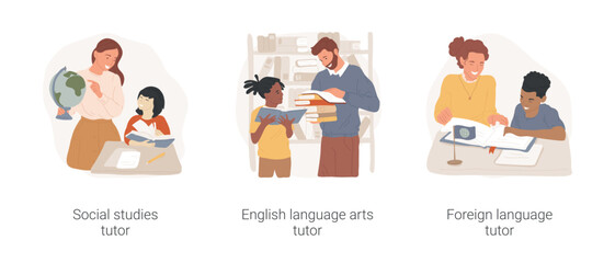 Academic tutoring isolated cartoon vector illustration set. Social studies tutor, english language arts and creative writing, foreign languages education, private lesson vector cartoon.