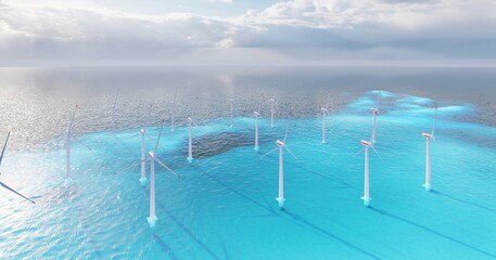 8K ULTRA HD. Offshore wind turbines farm on the ocean. Sustainable energy production, clean power. 3D illustration
