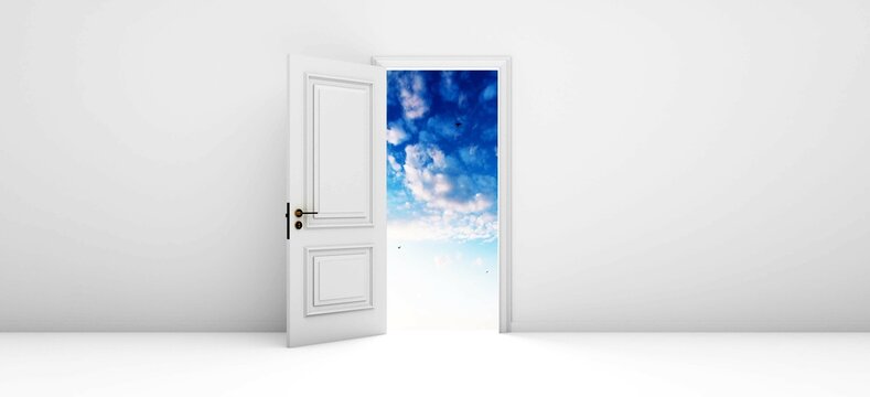 Open the door. Symbol of new career, opportunities, business ventures and initiative. 3d rendering.
