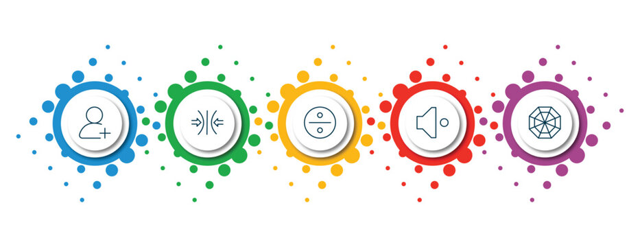 Editable Thin Line Icons With Infographic Template. Infographic For User Interface Concept. Included Add User, Compress, Division, Low Volume, Spider Web Icons.