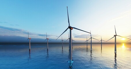 Offshore wind turbines farm on the ocean. Sustainable energy production, clean power. Close-up wind turbine. 3D illustration
