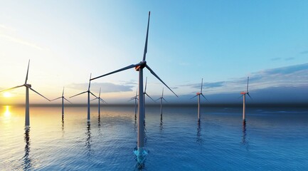 Fototapeta premium Windmill park. Offshore wind turbines farm on the ocean. Sustainable energy production. Green Energy, clean power, clean energy concept. 