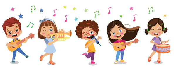 happy children playing instruments and singing