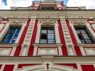 Moscow, Russia. Shkolnaya Street. Typical architectural ensemble in the historical part of the city, fragment of facade