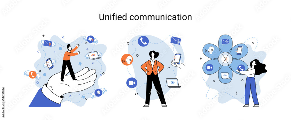 Poster unified communication metaphor. characters use wireless telephony connection. telecommunication syst