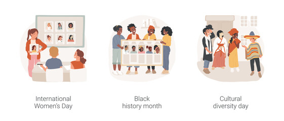 School awareness campaigns isolated cartoon vector illustration set. International Womens Day, black history month, cultural diversity day, international week of tolerance vector cartoon.
