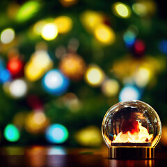 Christmas fireplace and xmas scene inside a small glass orb sitting on a mantel with a bright coloured Christmas tree in the background. 3d rendering