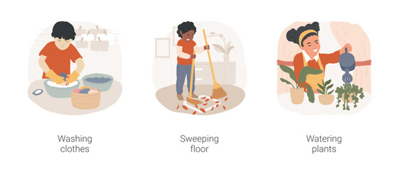 Montessori practical life skills isolated cartoon vector illustration set. Washing clothes, sweeping floor, watering plants, montessori preschool, care of environment activity vector cartoon.