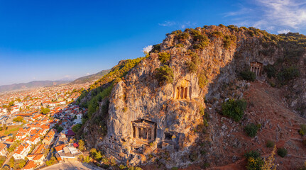 Aerial view Lycian ancient old tombs outside Fethiye Turkey