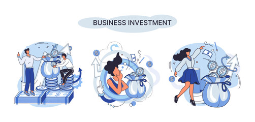 Business investment metaphor. Investment capital for profit and income multiplying. Buying shares and funds, modern economy. Investor strategy, financing business activities. Active or passive income