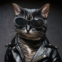 Portrait of a macho cat wearing a black leather jacket and stylish black sunglasses. Posing as a motorcyclist model. Artistic digital painting. Professional studio shooting.