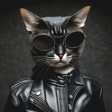 Portrait of a macho cat wearing a black leather jacket and stylish black sunglasses. Posing as a motorcyclist model. Artistic digital painting. Professional studio shooting.