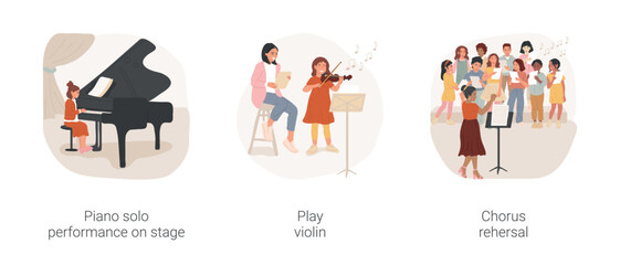 Classic music classes for children isolated cartoon vector illustration set. Orchestra class, piano solo performance on stage, play violin, chorus rehearsal, middle school elective vector cartoon. - obrazy, fototapety, plakaty
