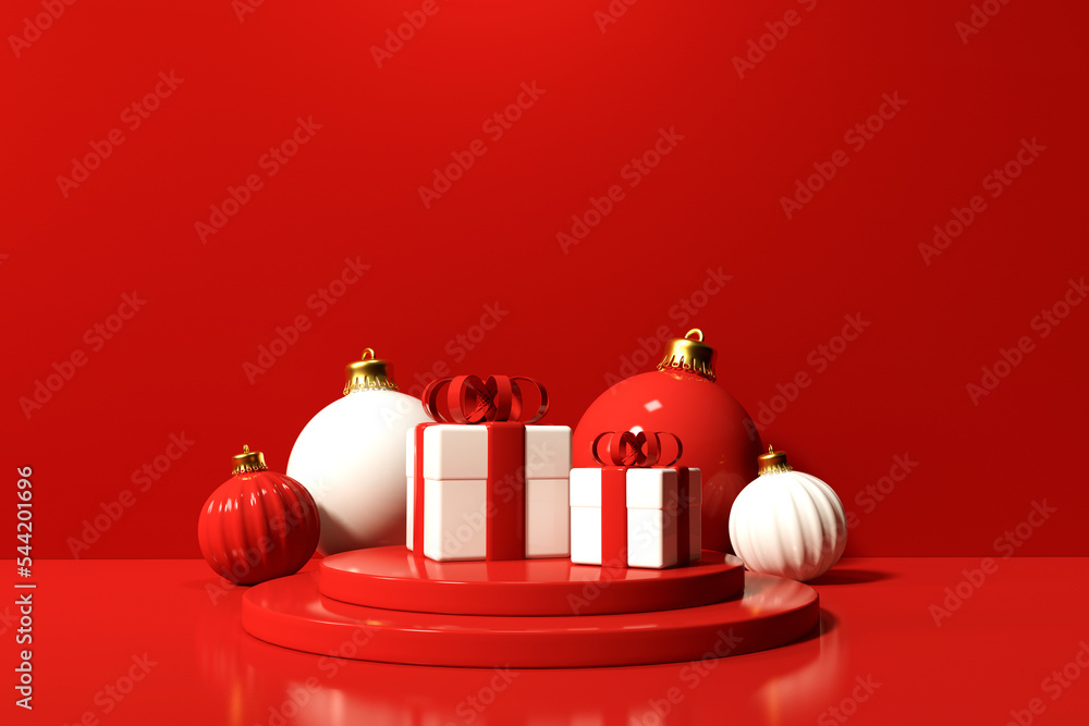 Wall mural Christmas gift boxes on a podium - 3D render