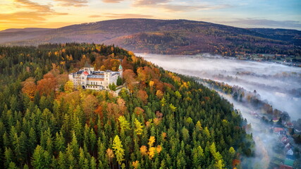 aerial view of the morning autumn mountains near Polanica-Zdrój, Poland