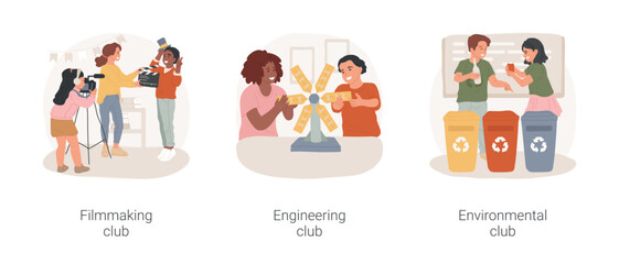 Elective activities and clubs isolated cartoon vector illustration set. Filmmaking workshop, teenager using camera, engineering club, building prototype, environmental lesson, vector cartoon.