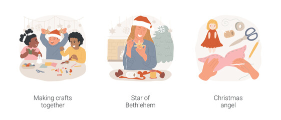 Christmas crafts isolated cartoon vector illustration set. Happy kids making xmas crafts together, woman create Bethlehem star for xmas tree, diy Christmas angel, creative activity vector cartoon.