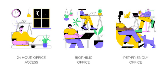 Office facilities and design isolated cartoon vector illustrations set. 24 hour smart office access, biophilic office space, pet-friendly modern workplace, vertical garden vector cartoon.