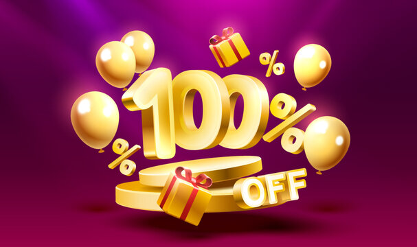 100 Off. Discount creative composition. 3d sale symbol with decorative objects, golden confetti, podium and gift box. Sale banner and poster. Vector