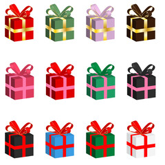 Set of gifts of different colors with ribbons
