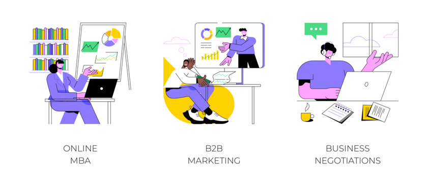 Online business courses isolated cartoon vector illustrations set. Online MBA, B2B marketing online degree, business negotiations and leadership programs, distance learning vector cartoon.