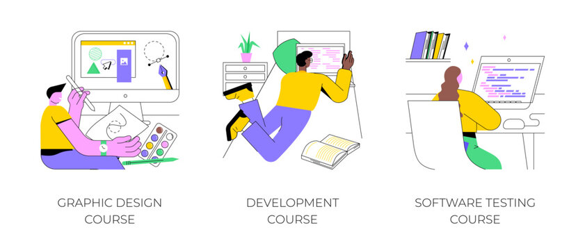 Professional IT courses isolated cartoon vector illustrations set. Graphic design, development and software testing online degree programs, distance learning, virtual education vector cartoon.