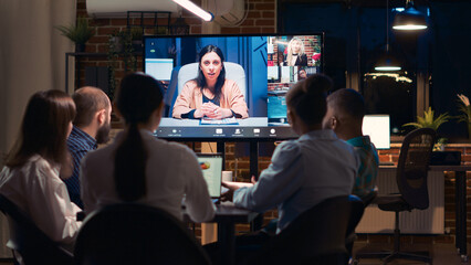 Employees team and remote coworkers cooperation in videoconference, colleagues talking in videocall...