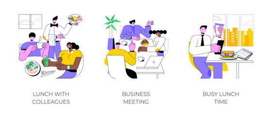 Fototapeta na wymiar Business lunch isolated cartoon vector illustrations set. Smiling diverse colleagues having lunch in cafe, business meeting at restaurant, busy man working at the table, eating out vector cartoon.