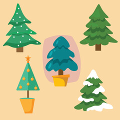 Christmas forest trees with snow flat set. Green snowy fir tree of different shapes in flat style Spruce tree as a traditional element symbol of new year festive winter season vector illustration