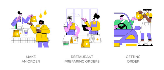 Curbside pickup at a restaurant isolated cartoon vector illustrations set. Making order at a restaurant outdoor, worker pack food in bags, prepare takeway meal, take out service vector cartoon. © Vector Juice