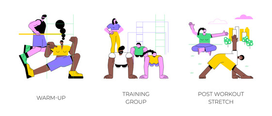 Training process isolated cartoon vector illustrations set. Warm-up before training, group workout with a fitness instructor, post workout stretch, athletic people active lifestyle vector cartoon.