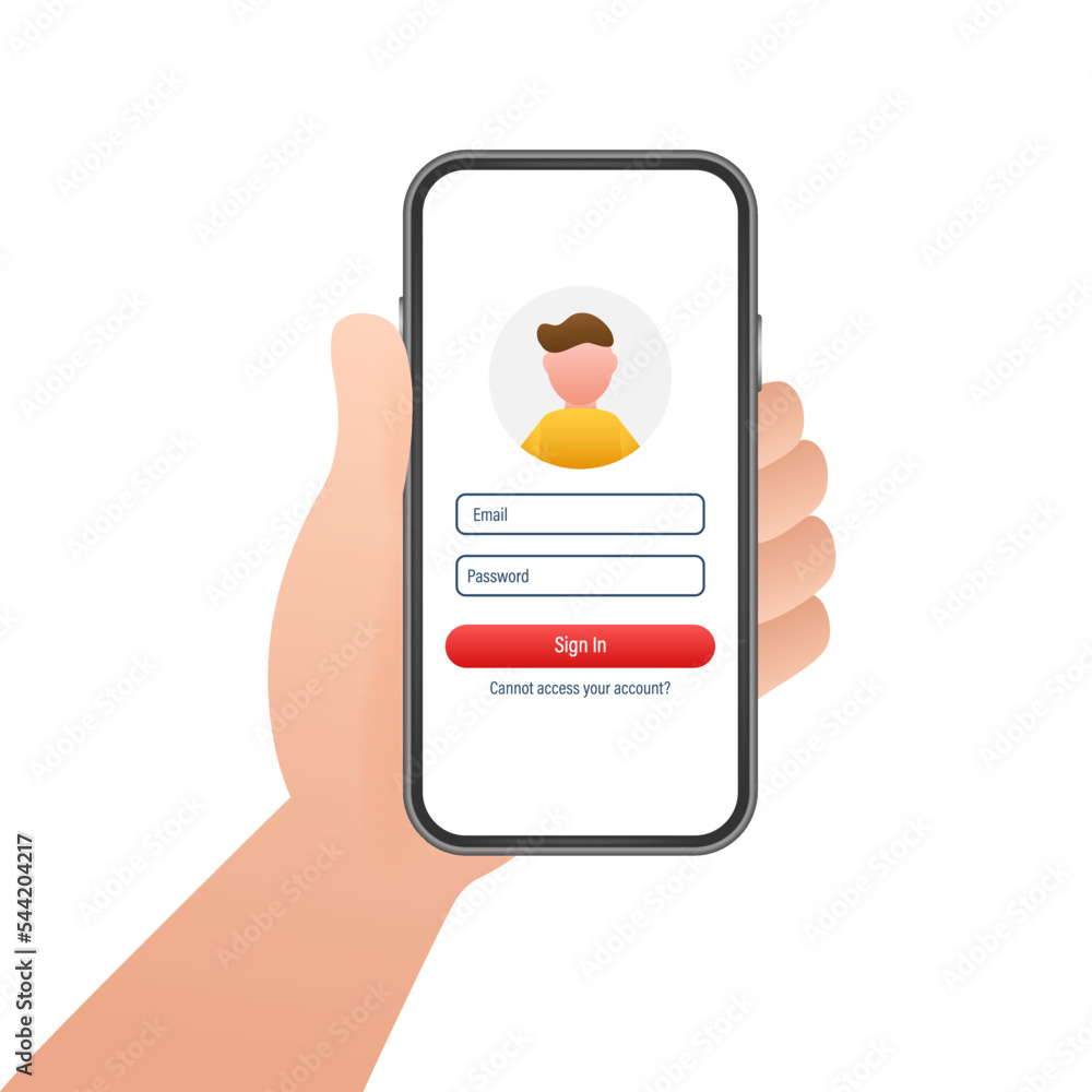 Poster sign in to account, user authorization, login authentication page concept. smartphone with login and