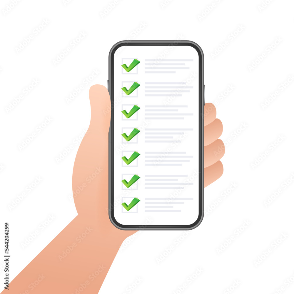Poster green check list smartphone. survey vector illustration. green tick. flat check list smartphone for 