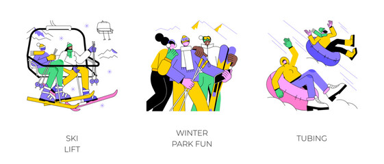 Winter park isolated cartoon vector illustrations set. Smiling people at the ski lift, diverse friends take selfie outdoors, winter holidays, extreme sport, riding tubing, having fun vector cartoon.