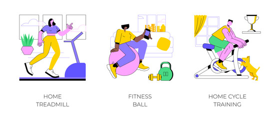 Home gym isolated cartoon vector illustrations set. Athletic woman running on a treadmill at home, fitness ball workout, cycle training, man riding stationary bike, sport and fitness vector cartoon.