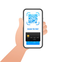 Scan to pay. Smartphone to scan QR code on paper for detail, technology and business concept. Vector stock illustration.