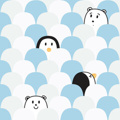 seamless cute kid pattern with ice bears and penguins 