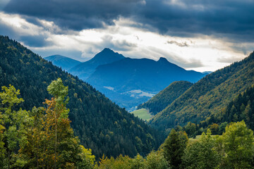 Fototapeta na wymiar Mountain landscape with dramatic sky. Mala Fatra National Park, near the village of Zazriva in Slovakia, Europe.
