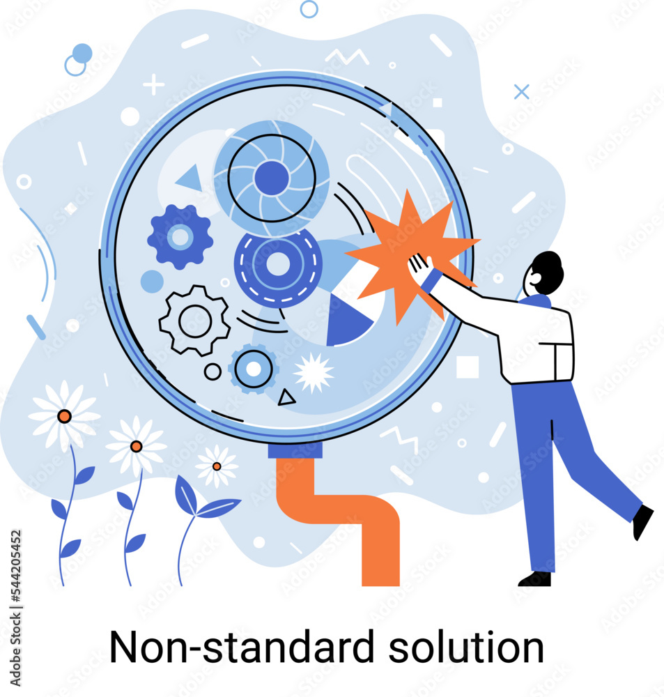 Poster non standart solution metaphor. creation of individual decision for integration of disparate product