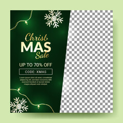 christmas social media banner design with green decoration and glowing snowflakes